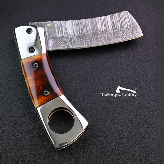 7.5-inch damascus steel folding pocket cigar cutter knife with bone handle on black background 