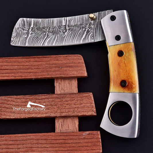 7.5" Folding Cigar Cutter | Damascus Steel | Bone Handle