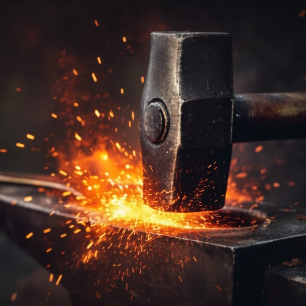 Blacksmith hand forging a steel blade, axe and knife using traditional tools, showcasing skilled craftsmanship and durable build