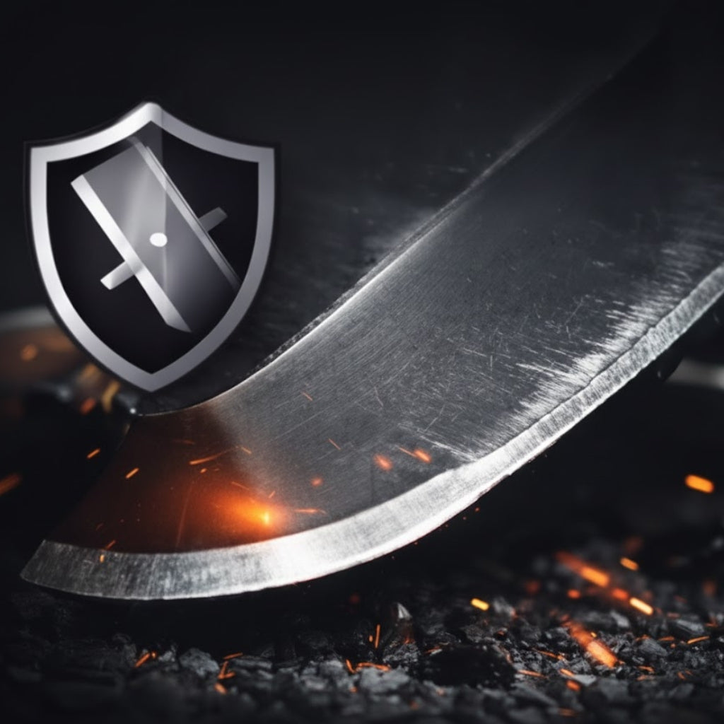 Close-up of razor-sharp hand forged knife and axe blade showing premium steel quality and fine edge