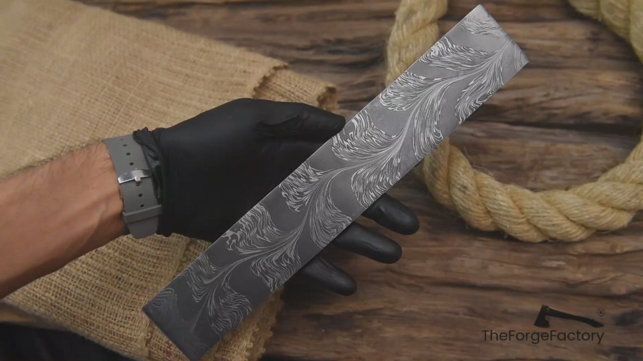 Rotating video of advanced snake pattern Damascus steel billet blank for handmade knives and forged blade crafting.