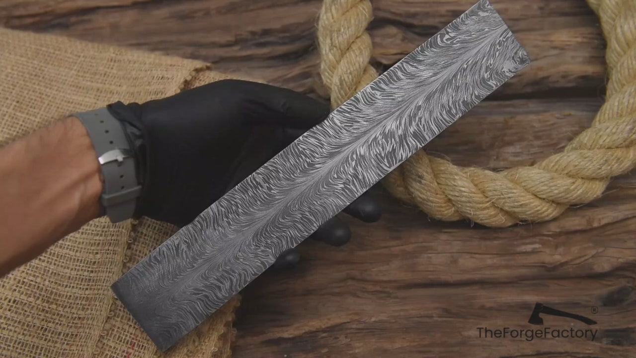 Multi-angle video of 12-inch feather pattern Damascus steel billet bar for knife making and custom bladesmith projects.